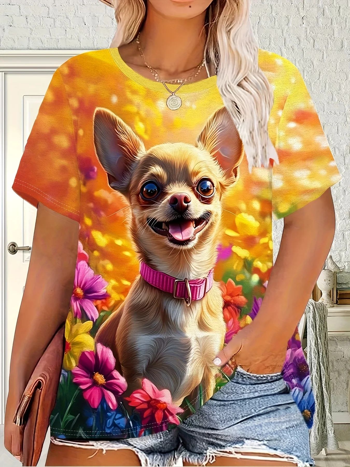 Camiseta de manga corta con cuello redondo para mujer, con estampado floral colorido de primavera y un lindo perro chihuahua, amarilla, informal, para verano.