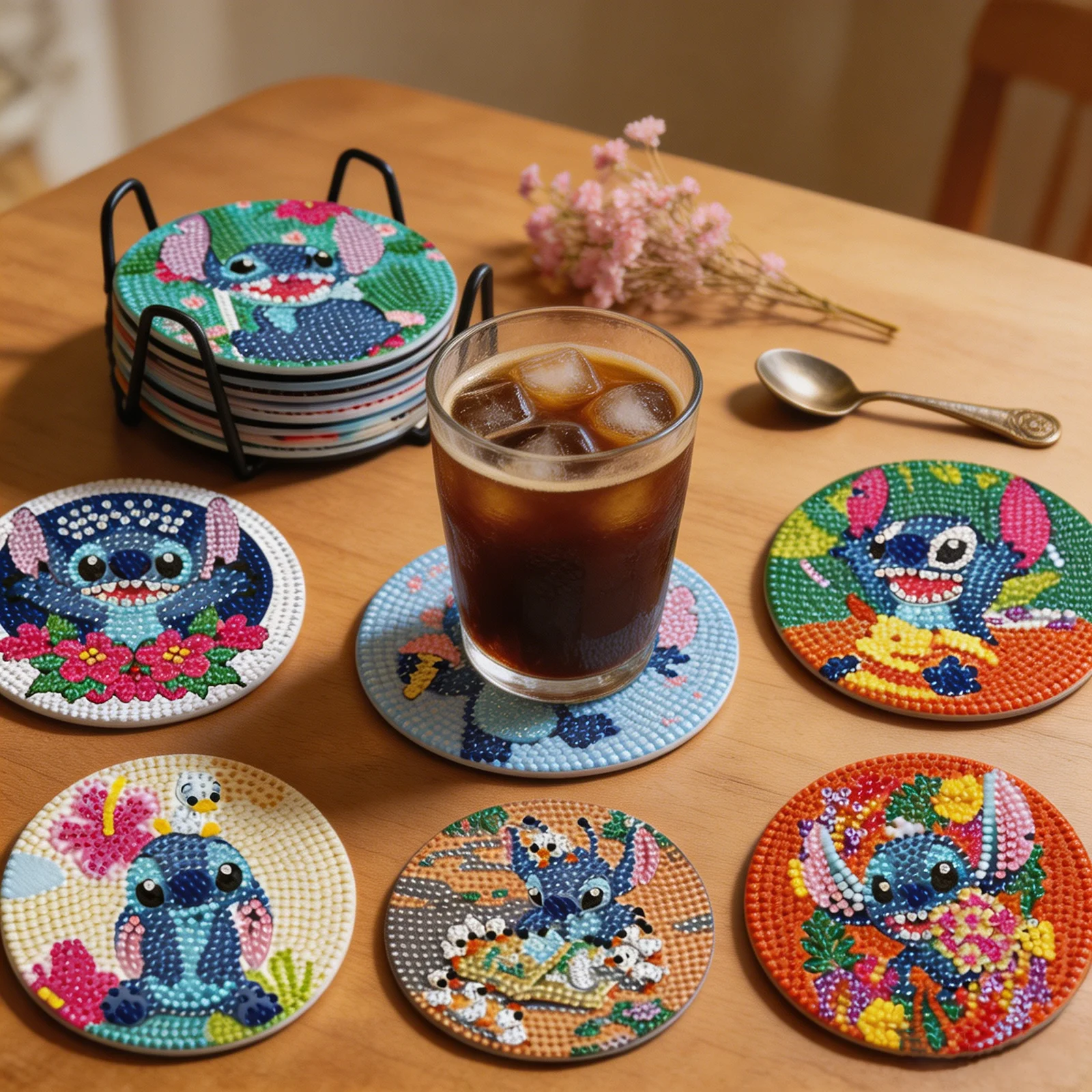 Stitch Angel DIY Diamond Painting Coasters 5D Full Drill Cup Mat with Holder Home Decor Gift Tabletop Decoration New Arrivals