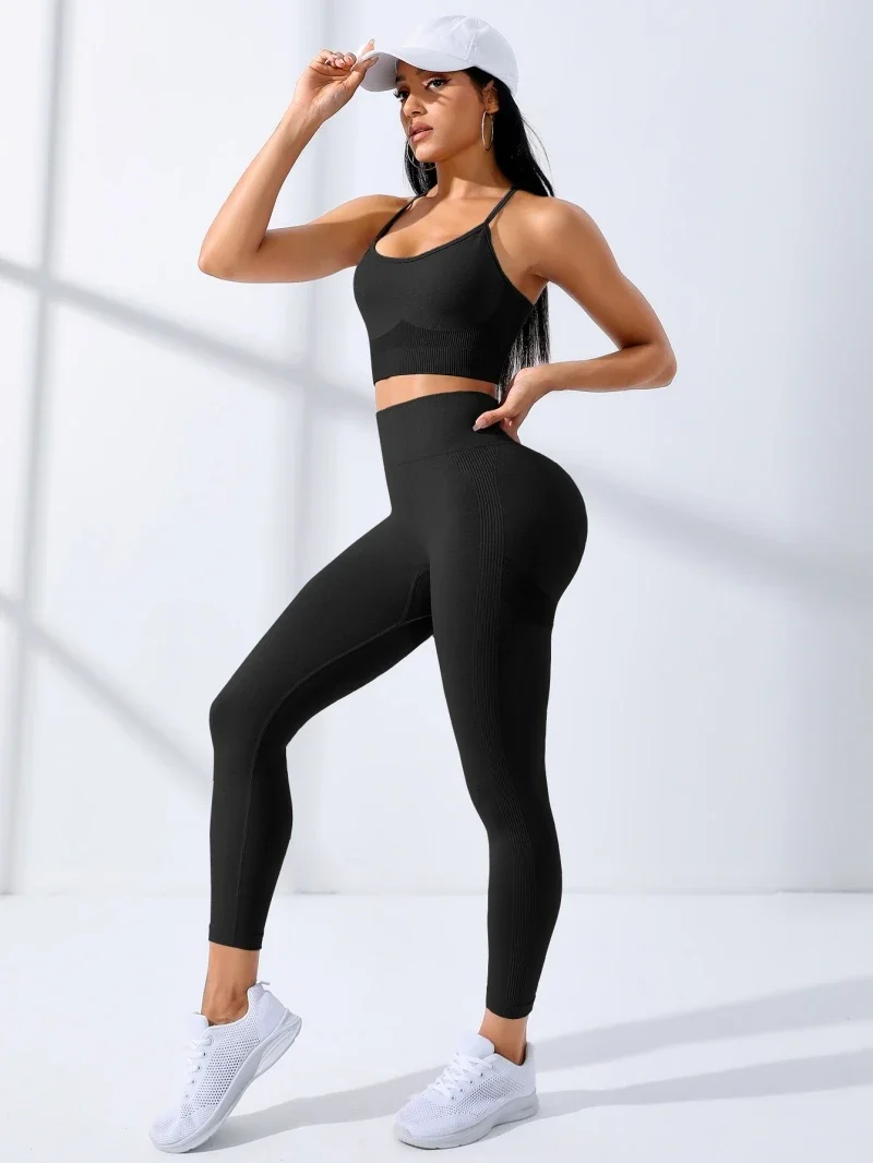 Nahtloses Yoga-Set für Damen, 2-teiliges Workout-Outfit, dehnbare Leggings und dünnen Trägern, Sport-BH, Fitnessbekleidung – Detail 7
