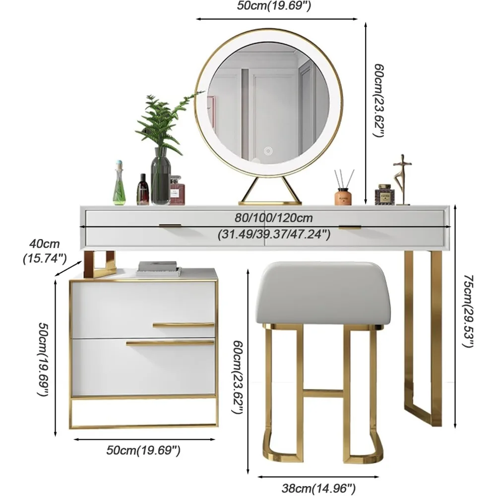 Makeup Vanity Set with Mirror and Lights, Women Dresser Table with Multifunctional Nightstand, 4 Drawer, Stool, Dressing Table