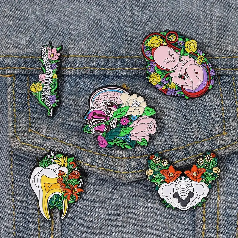 

Pins Fetus Uterus Tooth Rib Liver Kidney Pelvis Brain Lung Brooches Lapel Badge Jewelry Gift for Friends Floral Organs Enamel