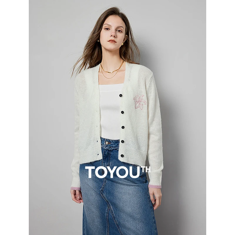 

TOYOUTH Women Cardigan Sweater 2024 Spring Flower Embroidery Pattern Single Breasted Button V Neck White Knitwear Fashion Tops