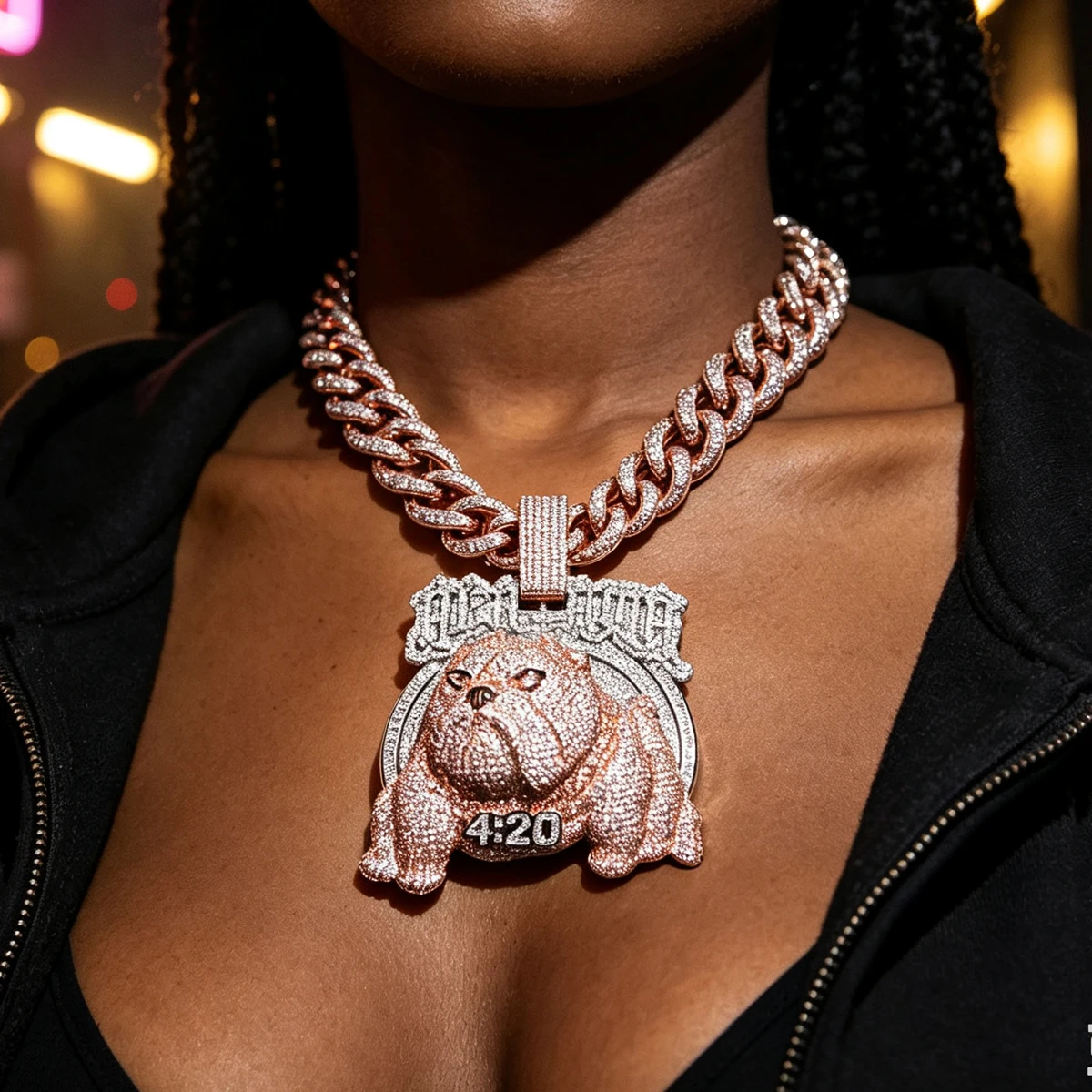 3D Dog Design Hip Hop Necklace Charm 18K Gold Plated Iced Out Bully Bulldog 420 Pendant For Rapper Party Stage Performance Full Micro Pave Bold Street Jewelry Sparkling Zircon Stones Perfect Fine Jewelry Gifts for Men Boy Friends Shiny Bling Accessory