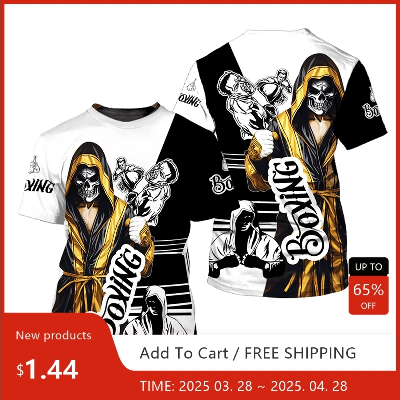 

Combat Fight Boxing Sports Men's T Shirt Funny Skull Gloves Print Tees Casual O-neck Short Sleeve Fashion Loose Breathable Tops