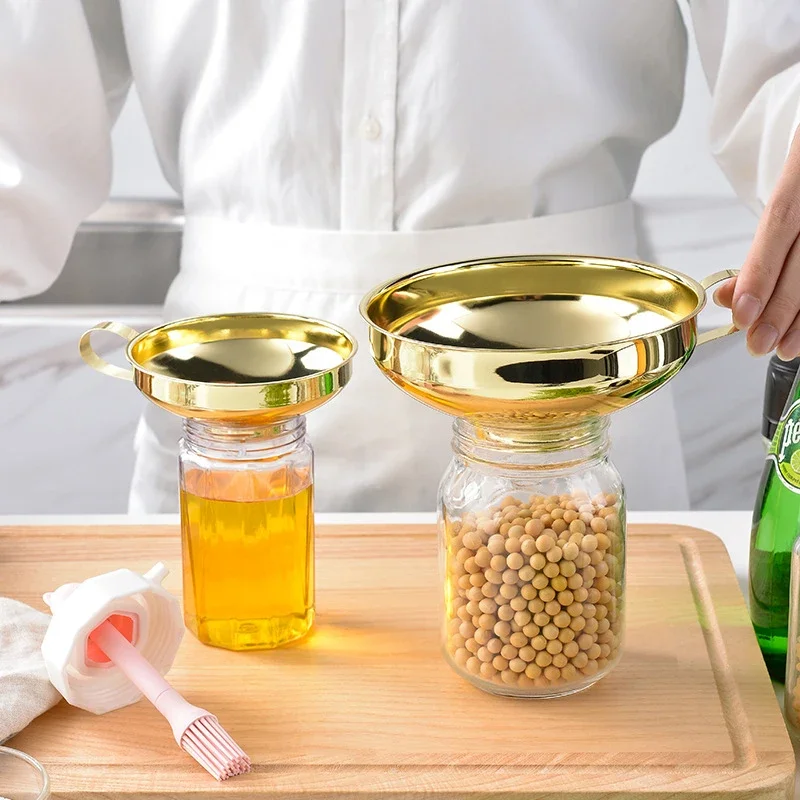 

Stainless Steel Funnel 2 Size Wide Mouth Canning Funnel Jam Salad Oil Wine Liquid Dispenser Hopper Filter Gold Kitchen Gadgets