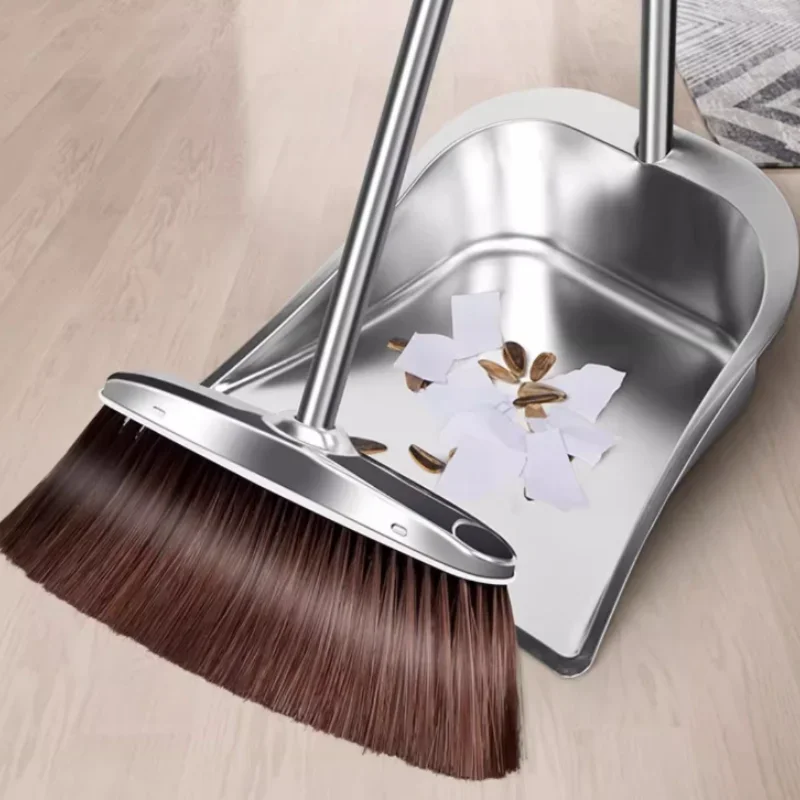 Two Piece Dustpan Garbage Shovel Combination Broom Stainless Steel Set with Angle for Cleaning Corners, Simple Metal Broom Set