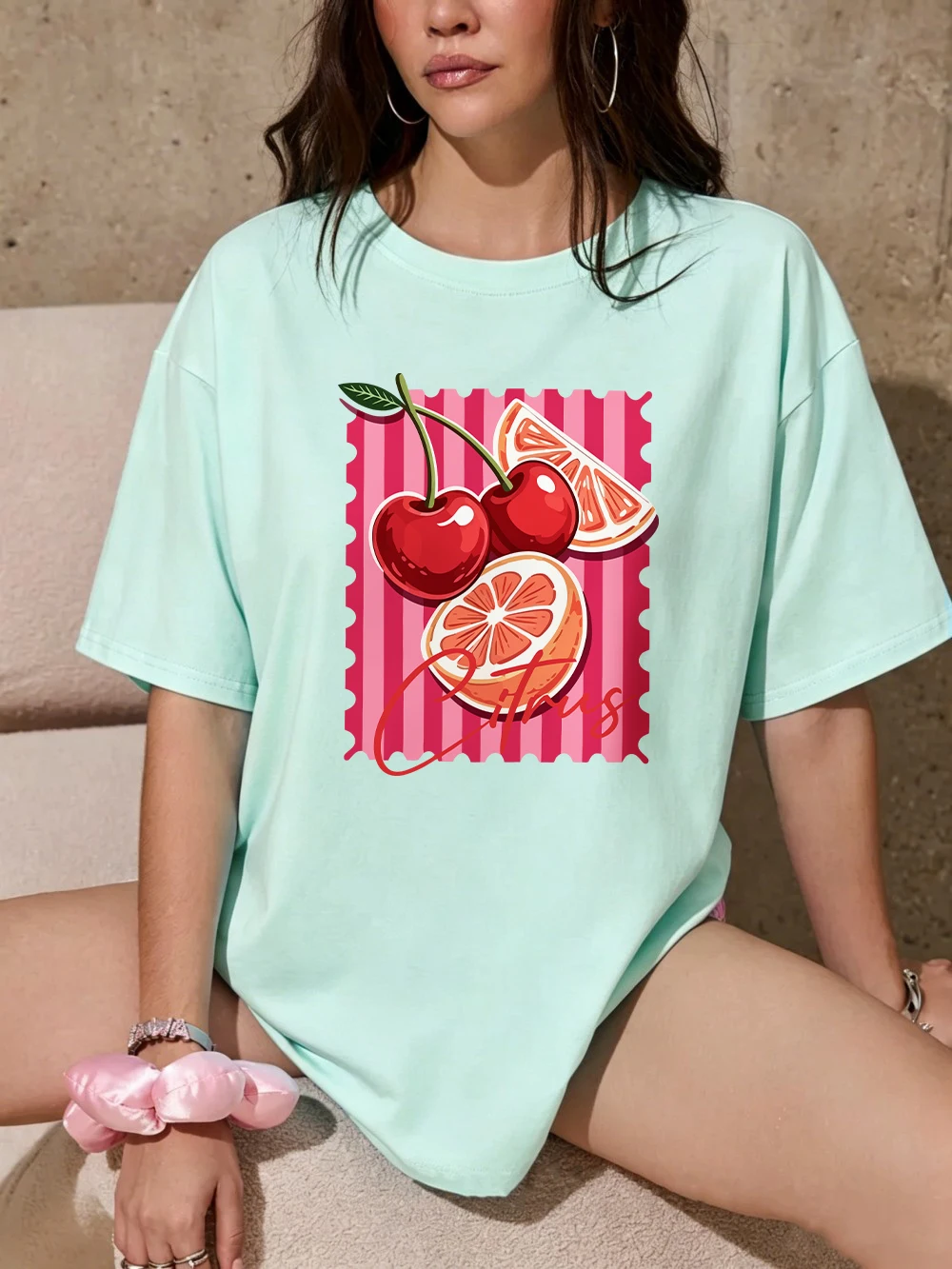 Rote Kirsch-Zitrus-Bedruckte T-Shirts aus Baumwolle für Damen, Sommerliche Oversize-Oberteile, Basic O-Neck Kurzarm-T-Shirts, Lässige Weiche Kleidung – Detail 16