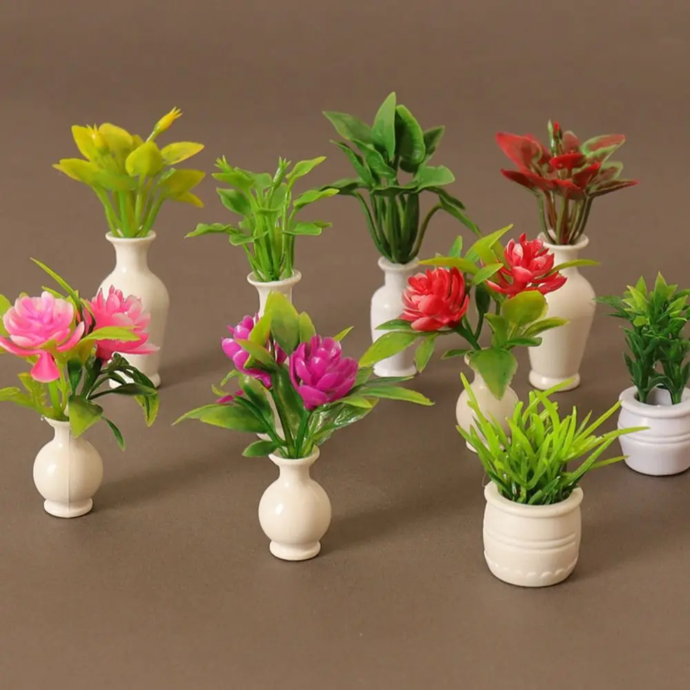 1:12 Dollhouse Miniature Mini Plastic Simulation Vase Green Plant Finished Flower Outdoor Doll House Model Accessories