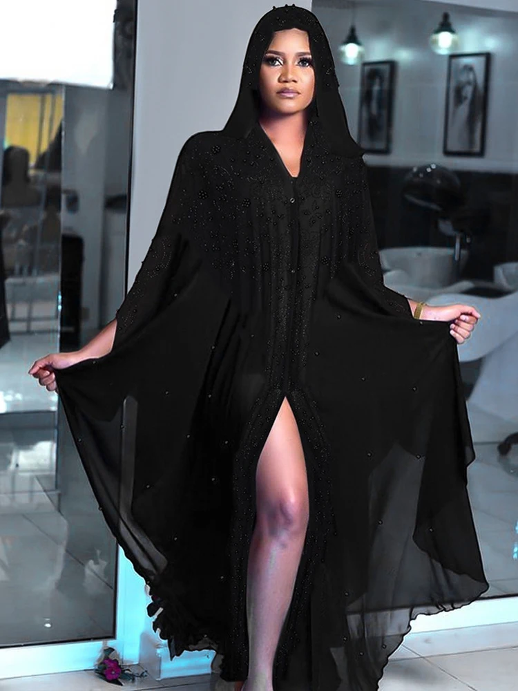 Abaya Femme Musulman Dubai Turkey Black Kaftan Long Sleeve Chiffon Hooded Dresses Wedding Party Prom Evening Gown Islamic Sets