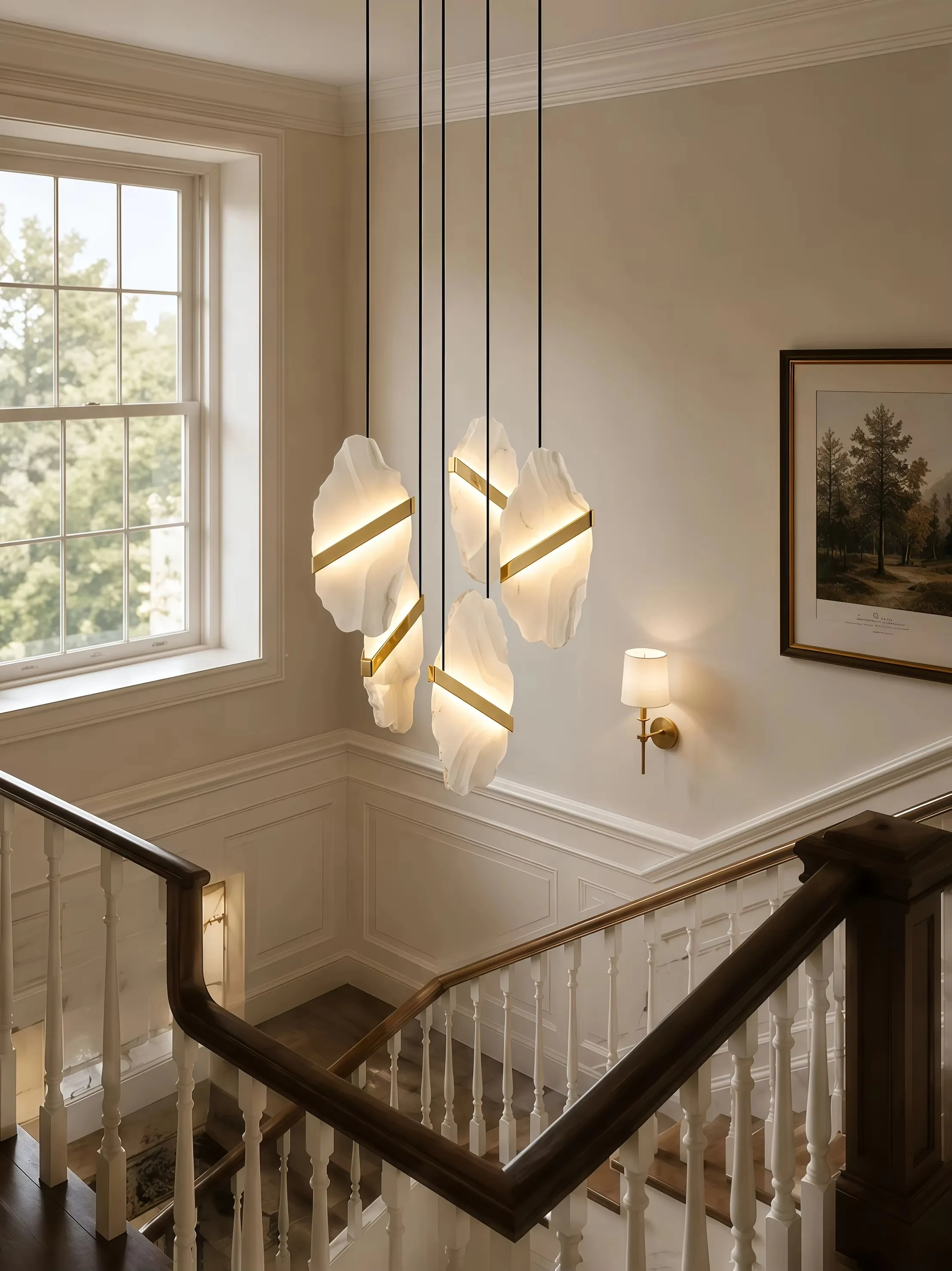 Irregular arble Pendant Light LED Strip Hanging Lamp Modern Chandelier For High Ceiling Living Dining Room Foyer Stairwell Lobby