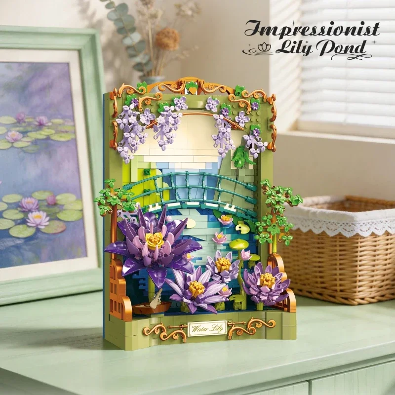 Impressionism Monet Water Lilies Building Block Toy Set Creative Flower Series Model Home Decoration Girls DIY Holiday Gifts