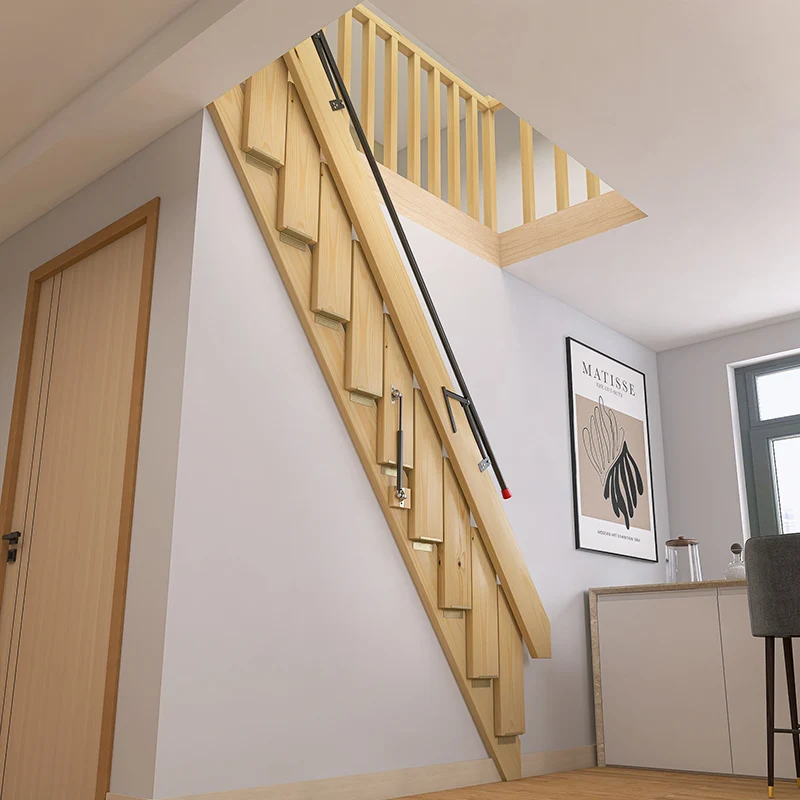 Folding stairs against the wall, loft solid wood stairs, household ladder, loft side wall hanging telescopic invisible wooden
