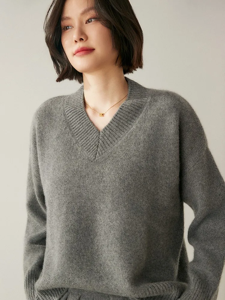 Pull basique à manches longues et col en v pour femme, vêtement ample en cachemire, épais et chaud, de haute qualité, automne-hiver, 100%