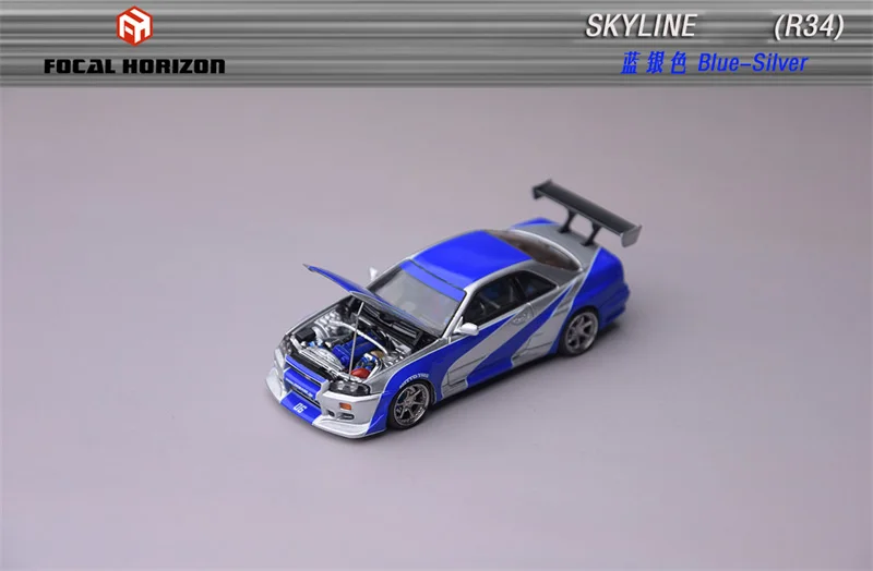 البؤري الأفق FH 1:64 Skyline R34 C-West NFS فضي أزرق Limited999 Diecast نموذج سيارة لهواة الجمع #3