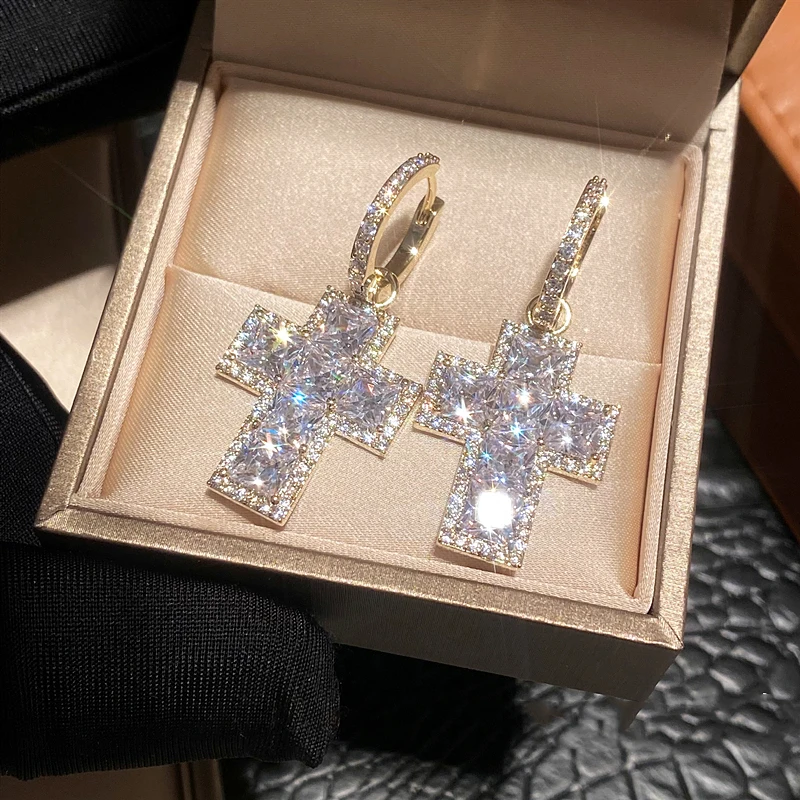 Retro shiny zircon cross earrings trendy ins super flash sweet cool hip-hop punk unisex ear accessory