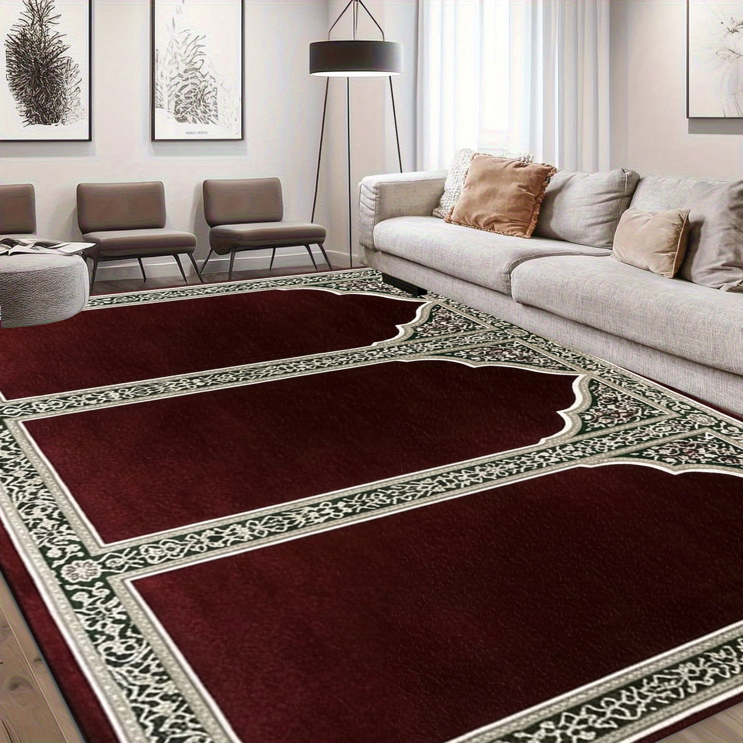 Three-Arched Prayer Rug, Islamic Worship Carpet, Vintage Floral Border Non-Slip Mat, Suitable for Home and Mosque Use