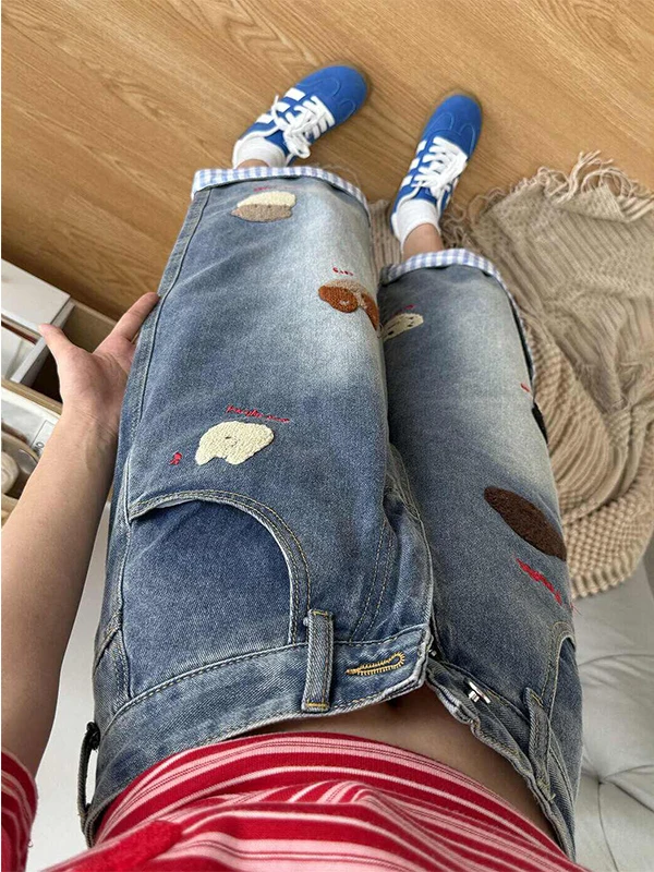 American Style Retro Dog Embroidery Jeans Women's Summer Thin Loose Cuffed Wide Leg Shorts High Waist Casual Cotton Blend
