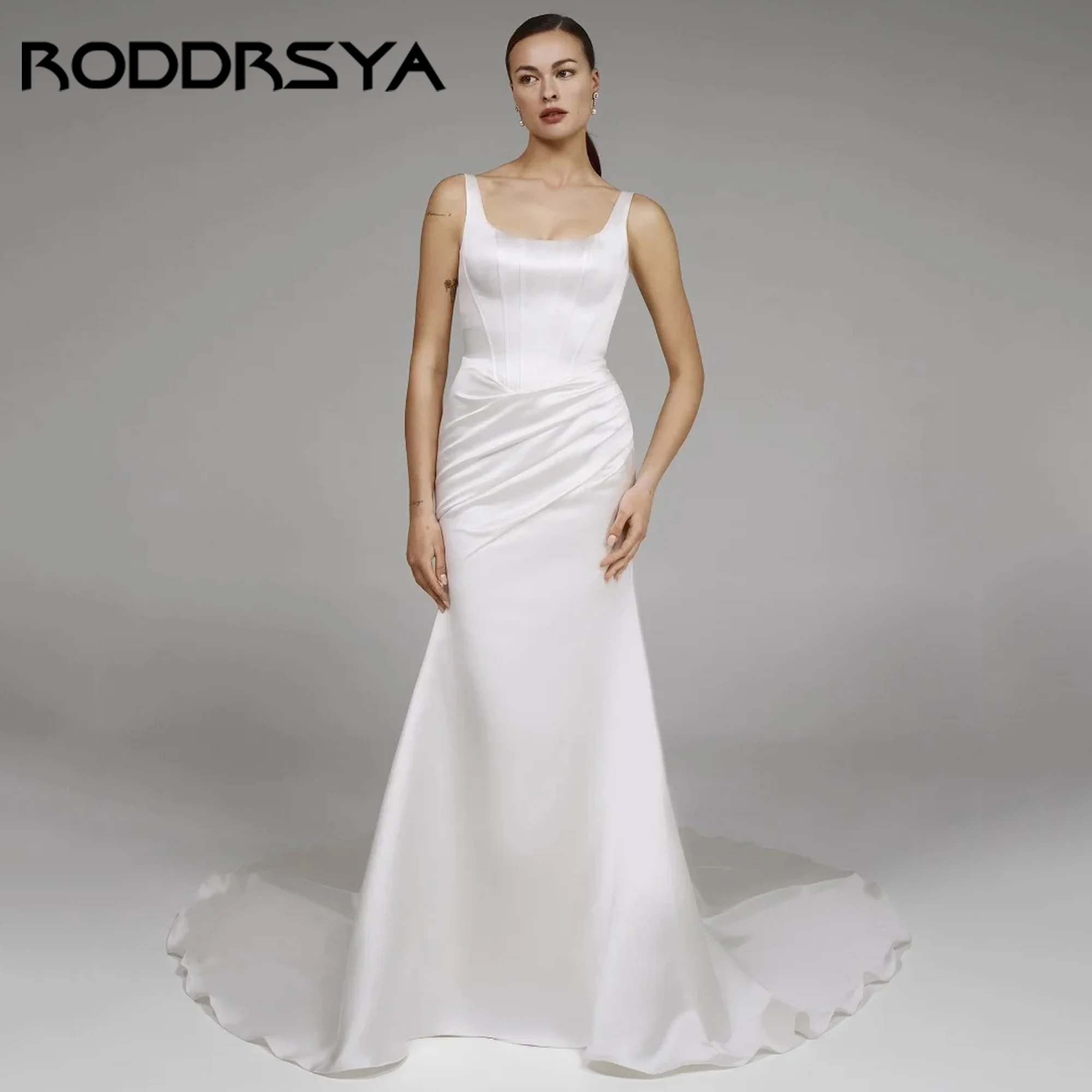 

Mermaid Square Neckline Spaghetti Straps Satin Bridal Dress Sleeveless Lace Up Wedding Dress Vestido De Noiva Mariage Customized