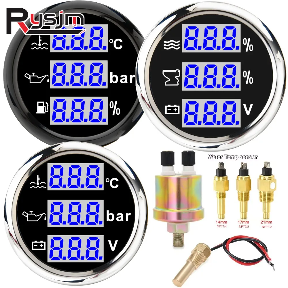 52MM 3 IN 1 Gauge Boat Car Water Temperature Oil Pressure Voltmeter Blue Backlight 0-10Bar Press Sensor Temp Sender(Optional)