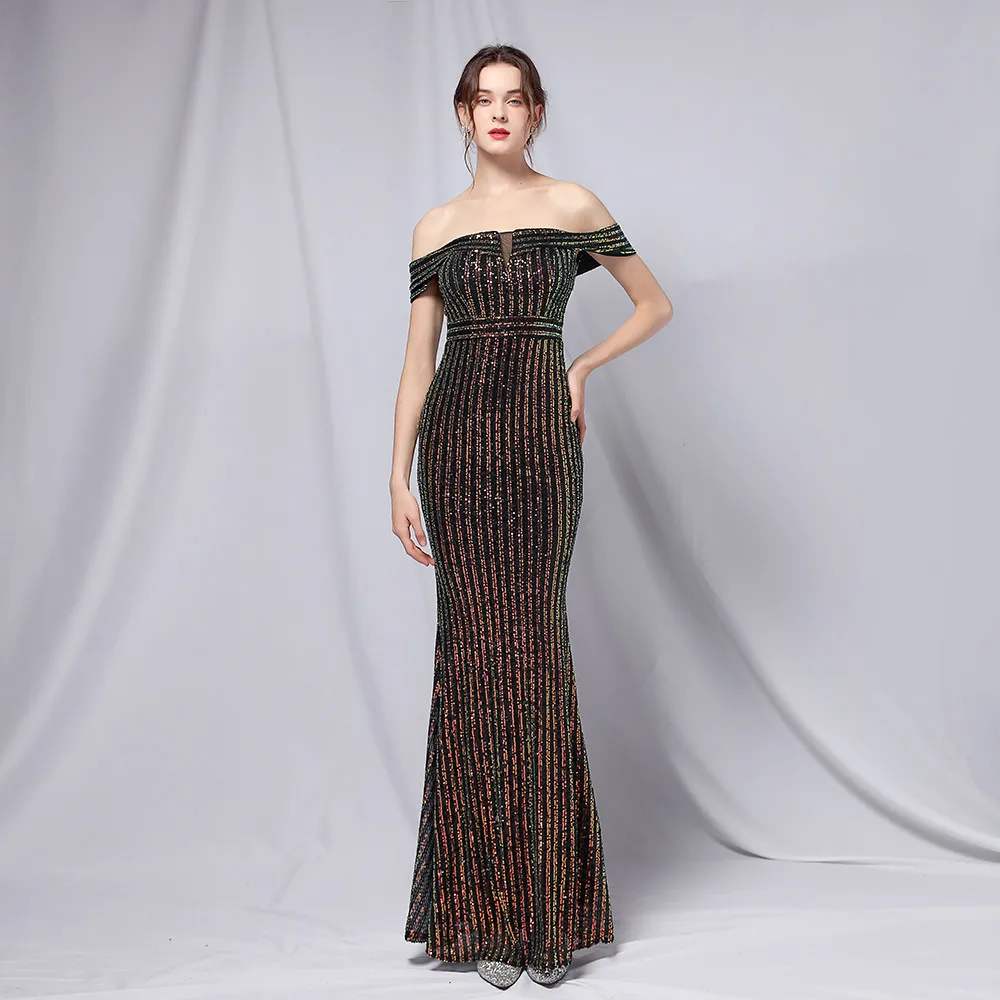 Vestido de noche de sirena brillante con lentejuelas sin hombros para mujer, vestidos formales