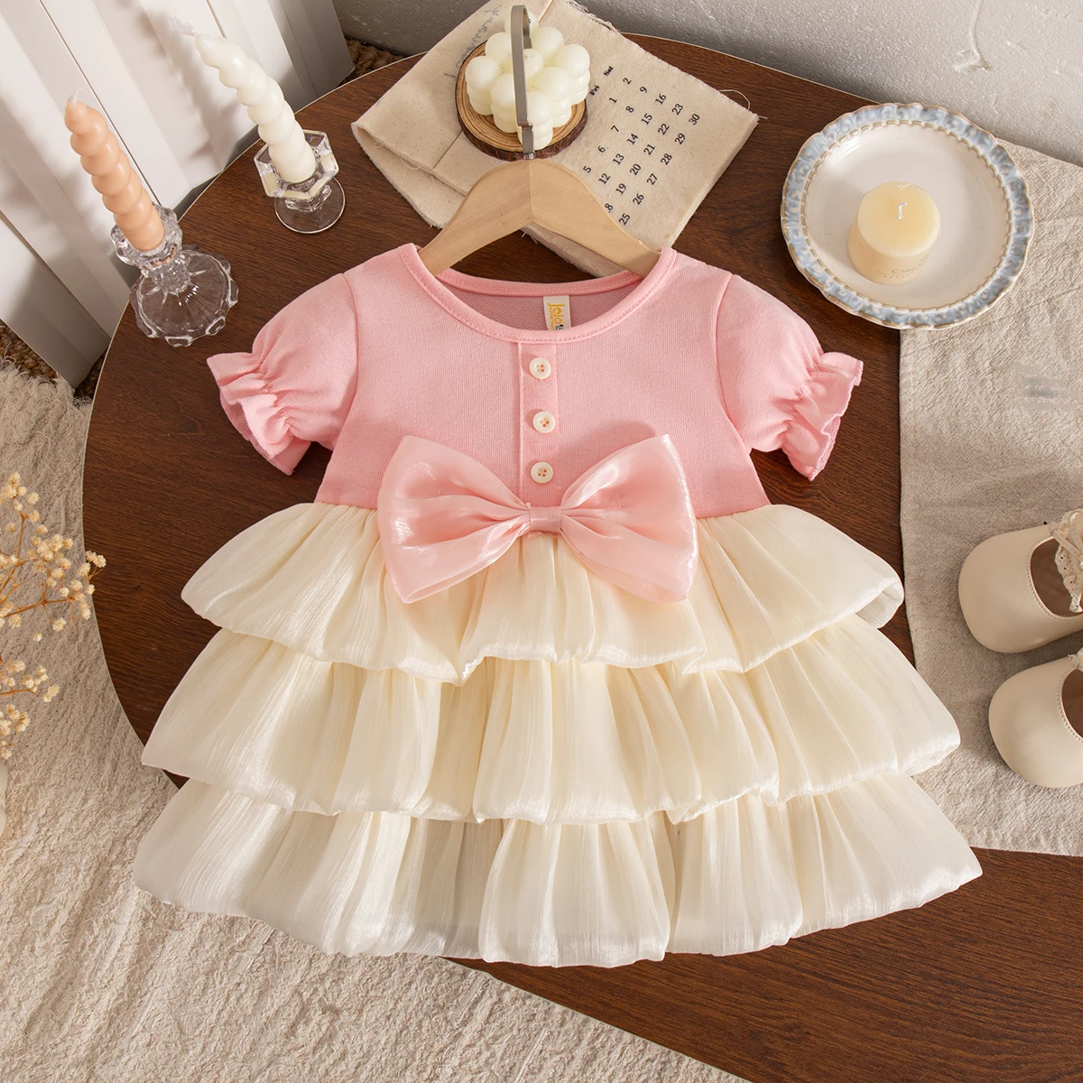 Girls Wedding Party Outfit Sweet Pink Bow Puff Sleeve Tiered Cake Dress Summer Toddler Girl Princess Dress