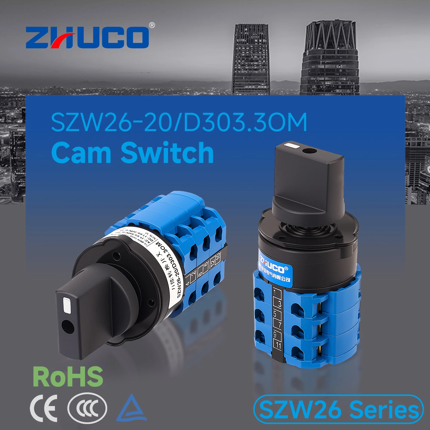 Zhuco 2/3 Position Selector Switch 20A 690V, 12-Terminal Universal Rotary Cam Selector with Locking Switch, Suitable for Distribution Cabinets, Machine Tools, Industrial Panels (Szw26-20/Om, on Off On, on Off, on on)