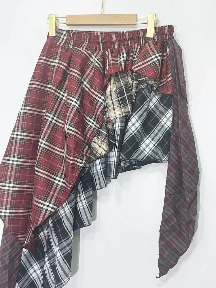 Streetwear Vintage High Waist A-line Skirts  All-match Clothing Irregular Patchwork Red Plaid Design Skirt Faldas 2024 summer