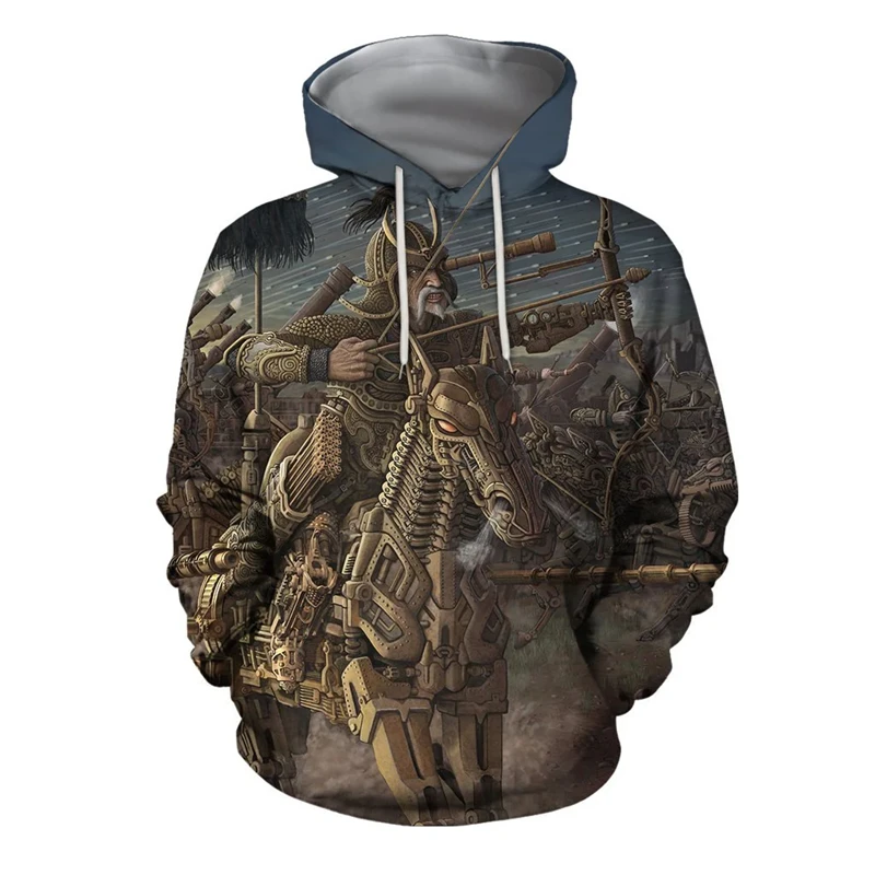 2024 Spring And Autumn New Men's Fashion 3D Mongolian Warrior Print Hooded Sweatshirt Hoodie Loose Casual Daily Street Sweater