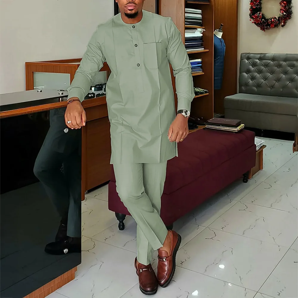 

Новый мужской повседневный комплект 2025 года в этническом стиле: рубашка с принтом и брюки, 2 предмета, из смесового хлопка, с длинными рукавами и длинными штанинами