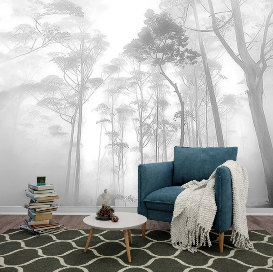 Customized size wallpaper, black and white art, forest mural, home decoration, forest mist early morning forest decoration mural