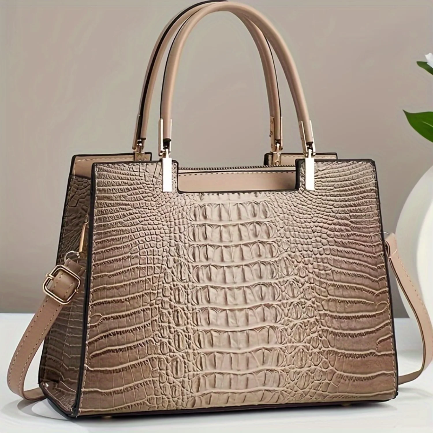 Faux Leather Crocodile Pattern Tote Handbag - Chic Purse with Shoulder Strap