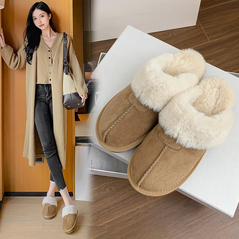 

Thick Sole Plush Slippers Women's Genuine Leather Snow Boots One Step Off Wearing Cotton Shoes Women Fashion Outdoor Slipper