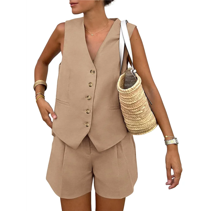 

CYL-женские летние комплекты из двух предметов, одинаковые комплекты без рукавов, жилет на пуговицах с V-образным вырезом, жилет и шорты с карманами