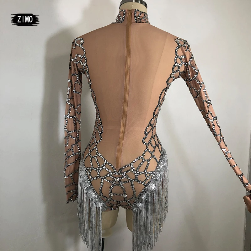 Sparkly Rhinestones Tassel Bodysuit Sexy Nude Mesh Transparent Nightclub Show Dance Costume Bar DS Singer Stage Performance Wear
