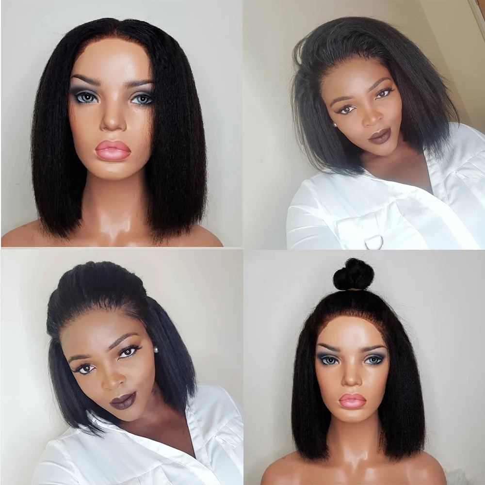 

Kinky Straight Bob Wig 100% Human Hair Short Yaki Straight 360 Lace Frontal Wigs For Women 180% Natural Color Free Style