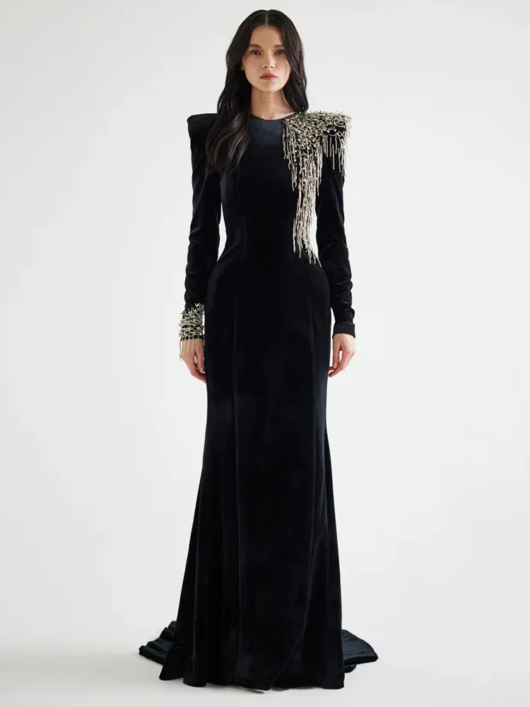 MODA NA UŁOCZACH GŁÓWNYCH MIASTACH Najnowsza Kolekcja 2026 Sukienki Maxi Projektantów Damskie Eleganckie Sukienki Maxi z Długim Rękawem Luksusowe, Ozdobione Koralikami, z Atezy, Długie Sukienki Maxi z Atezy