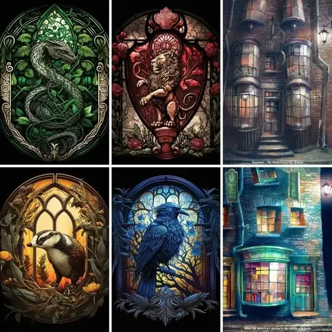 ภาพปักเพชร 5 มิติ ร้านหนังสือโรงเรียนเวทมนตร์ งานปักเพชรลายงูและสิงโตวิเศษ แบบเต็มสี่เหลี่ยม/วงกลม