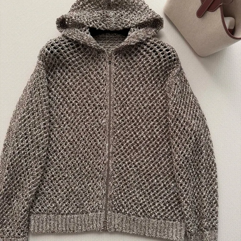 Women's Loose Fit Hooded Zip-Up Cardigan with Hollow-Out Sequins