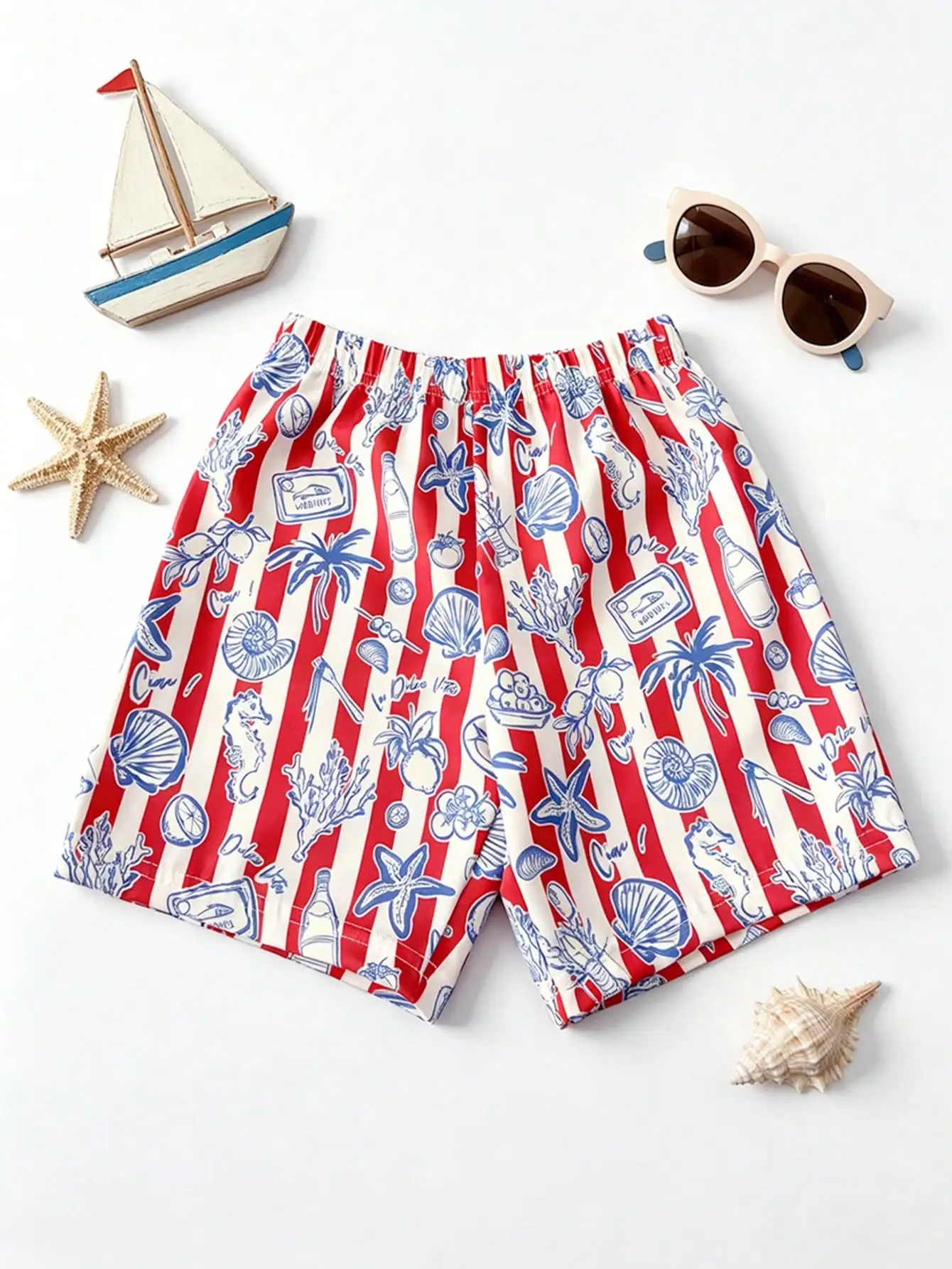 2Pcs Kids Boys Swim Trunks 2-11Y Nautical Graffiti Print Elastic Waist Beach Shorts Soft Polyester Spandex Summer Swimwear