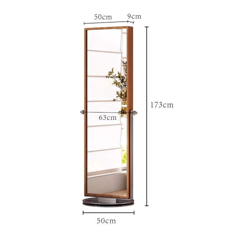 Medieval household movable solid wood full body mirror bedroom retro rotatable magazine full body mirror stainless steel floor