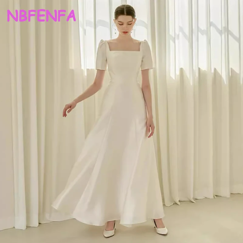 Elegante pescoço quadrado uma linha vestido de casamento manga curta cetim vestido de noiva sem costas personalizado meninas festa vestidos de noite