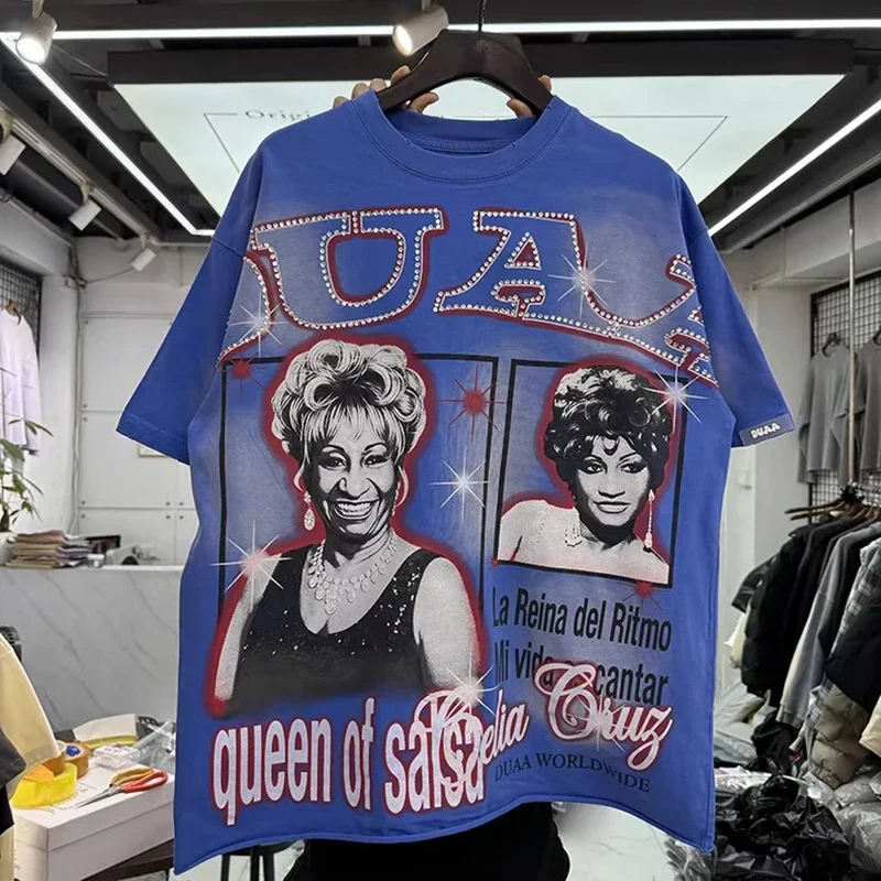 Hole Blue Letters Rhinestone Printed Pattern T-shirt Men Women Fashion Retro Wash Loose Cotton Casual Shinning Diamond Tops Tees