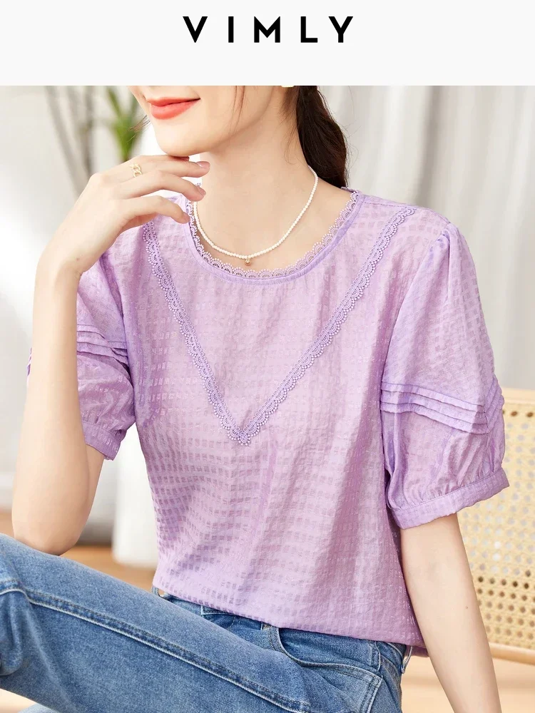 Vimly Summer Lyocell Blend Ladies Tops and Blouses 2023 Elegant Patch Lace Round Neck Puff Sleeve Purple Blouse Women Clothes