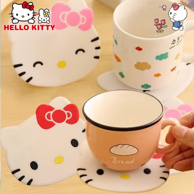 Hello Kitty Coasters Cute Cartoon Cat Head Insulated Kawaii Silica Gel Coasters Hot Drink Holder Cup Holder Kitchen Accessories