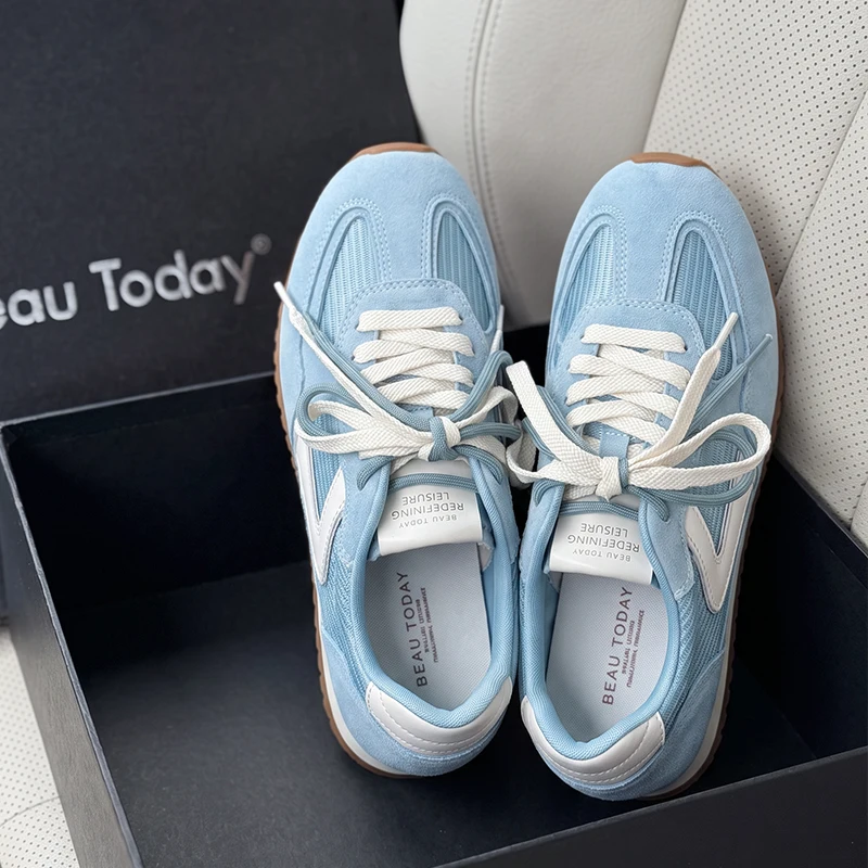 BEAUTODAY Casual Sneakers Cow Suede Leather Solid Color Round Toe Air Mesh Outdoor Trainers Lace-Up Ladies Shoes Handmade 29995