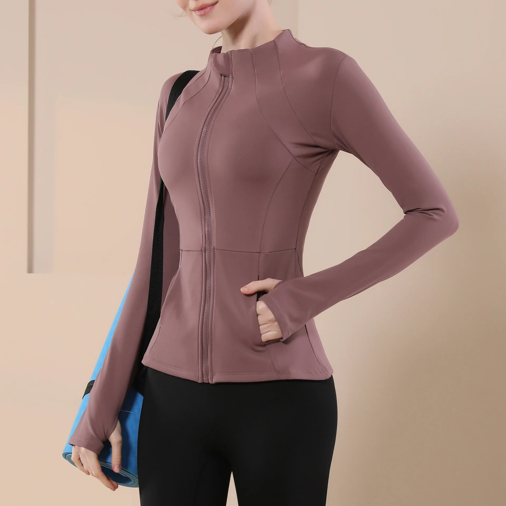 Women Long Sleeve Yoga Jacket Stand Collar Zip Up Slim Fit Sports Coat Running Fitness Workout Top