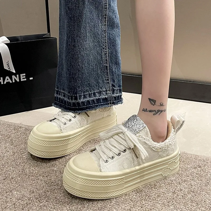 Women's Canvas Fringe Platform White Sneakers 2026 Spring Fall Lace-Up Round Toe Casual Thick Sole Board Shoes for Ladies