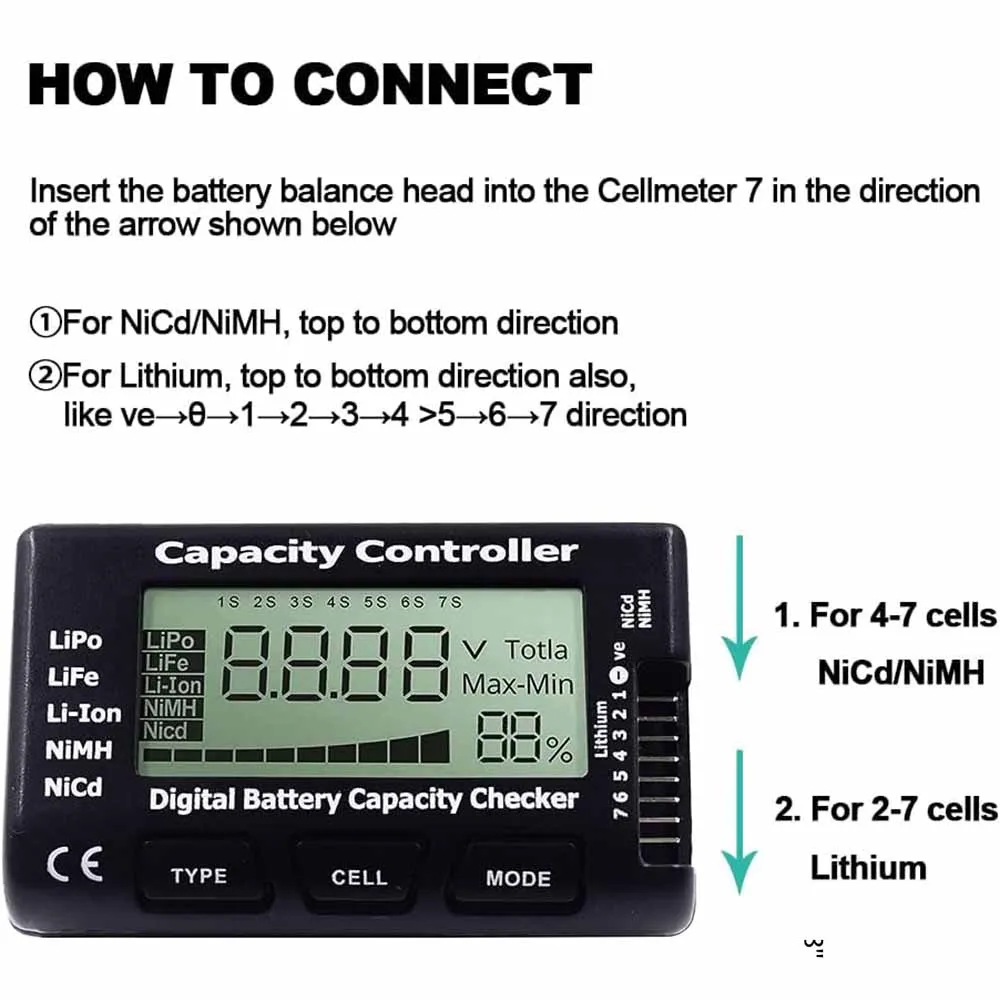 RC Cellmeter 7 Digital Battery Capacity Checker Controller Tester Voltage Tester for LiPo Life Li-ion NiMH Nicd Cell Meter