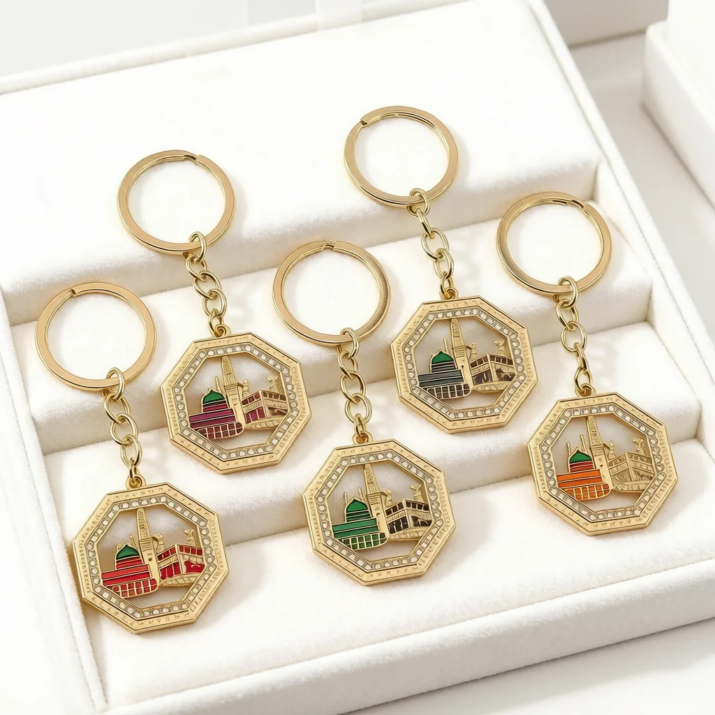 Luxury Gold Rhinestone Keychain Octagonal Shape Crystal Inlay Architectural Art Keyring Pendant Souvenir Gift for Backpack Decor