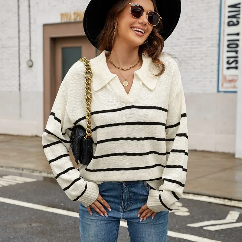 Casual POLO Neck Striped Knitted Sweater, Women's  Autumn and Winter New Spell Color Loose Pullover Sweater, Commuter Wind Top